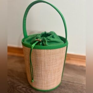 Neiman Marcus Straw Bucket. Bag New Gorgeous Green silk material